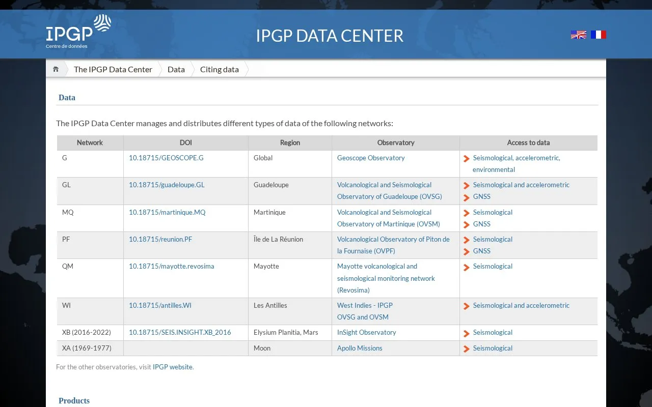 IPGP Data Center homepage screenshot