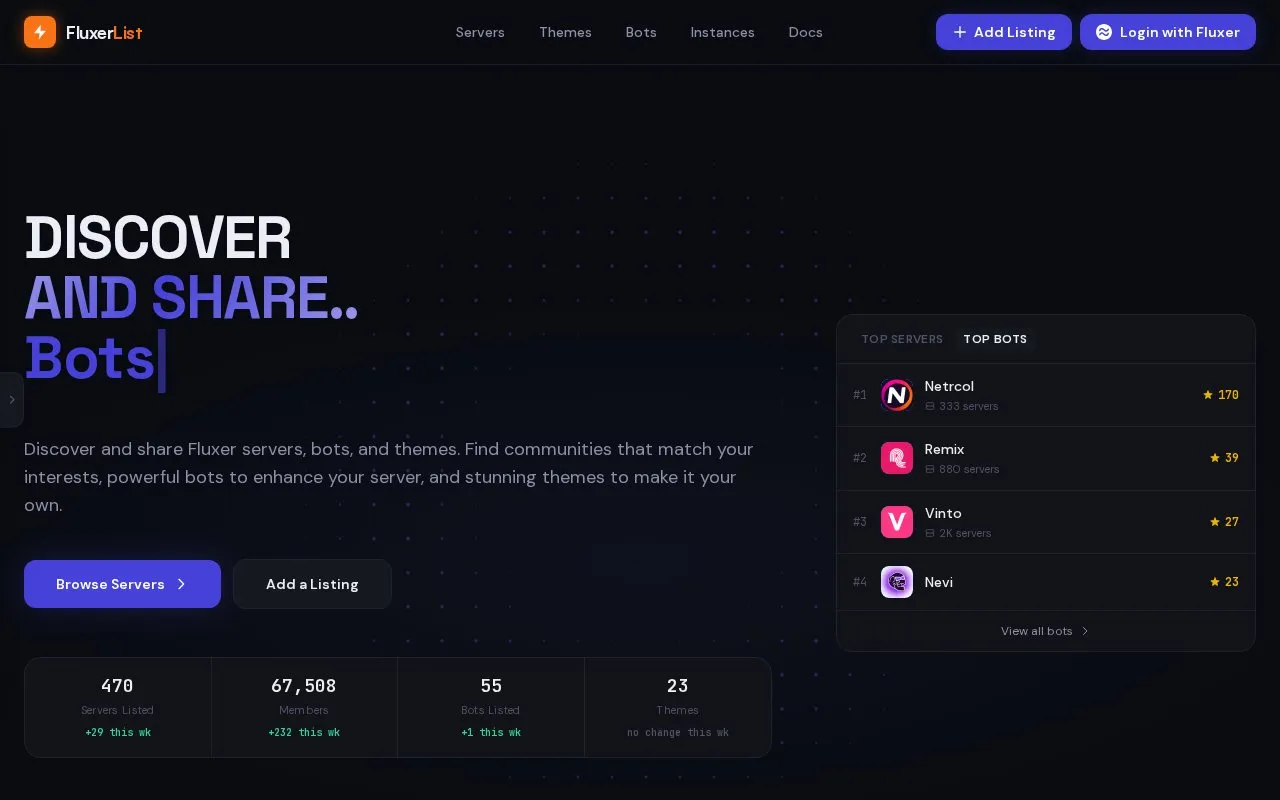 Servers / Bots homepage screenshot
