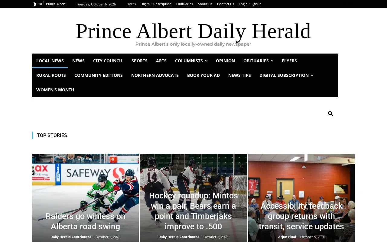 Prince Albert Daily Herald homepage screenshot