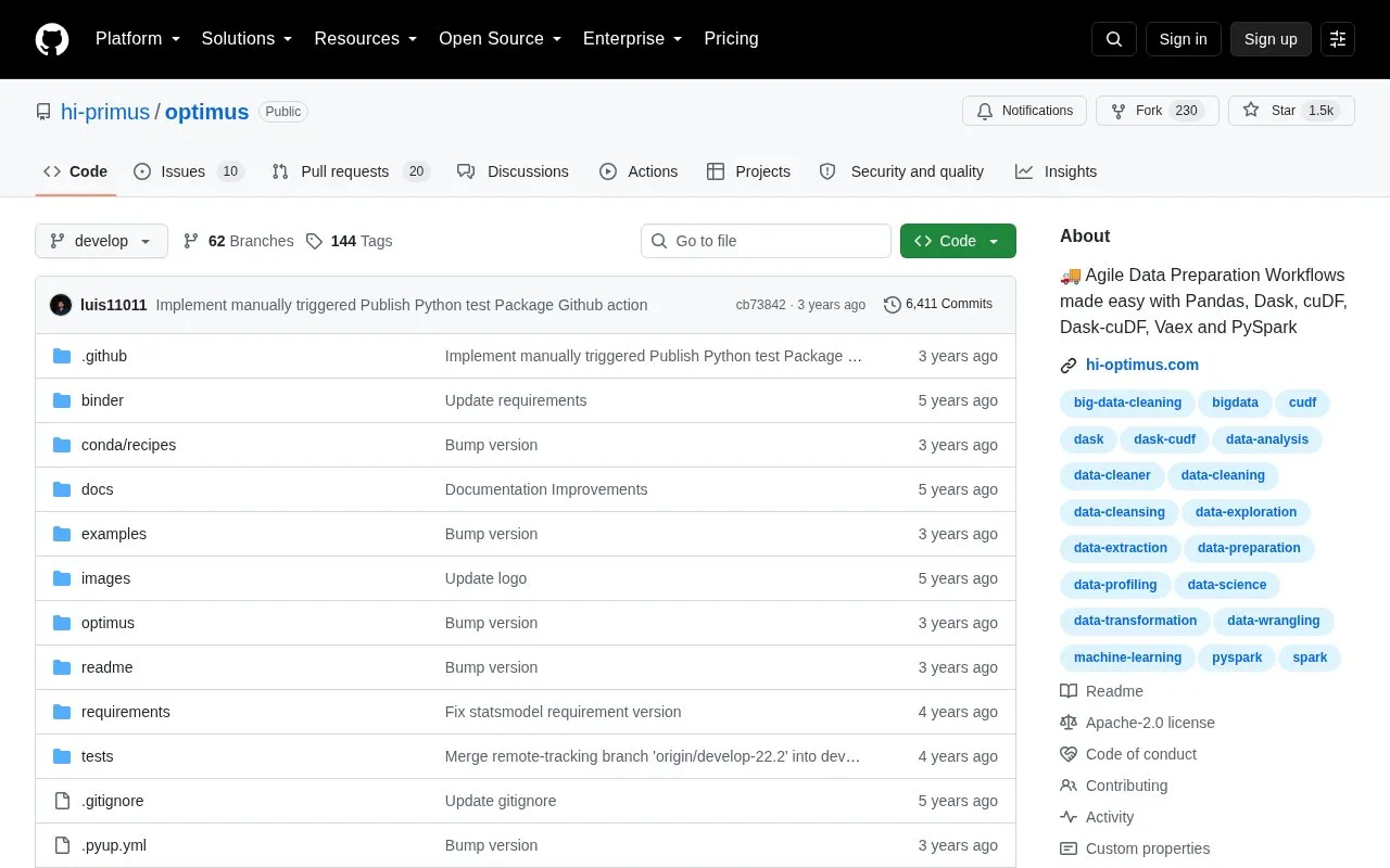 Optimus homepage screenshot