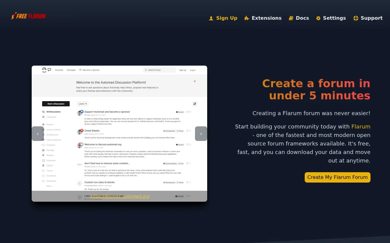 FreeFlarum homepage screenshot