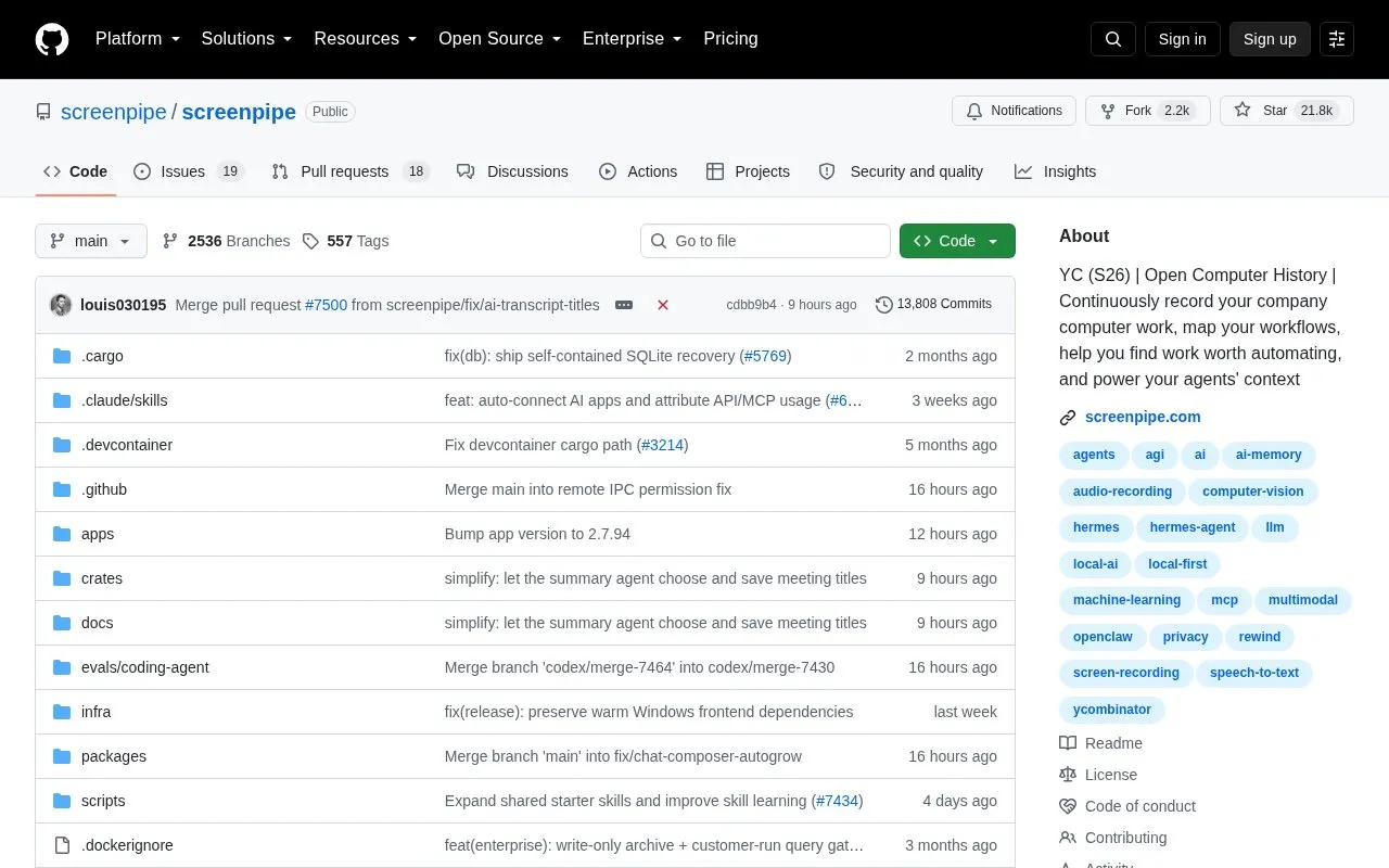 Screenpipe homepage screenshot