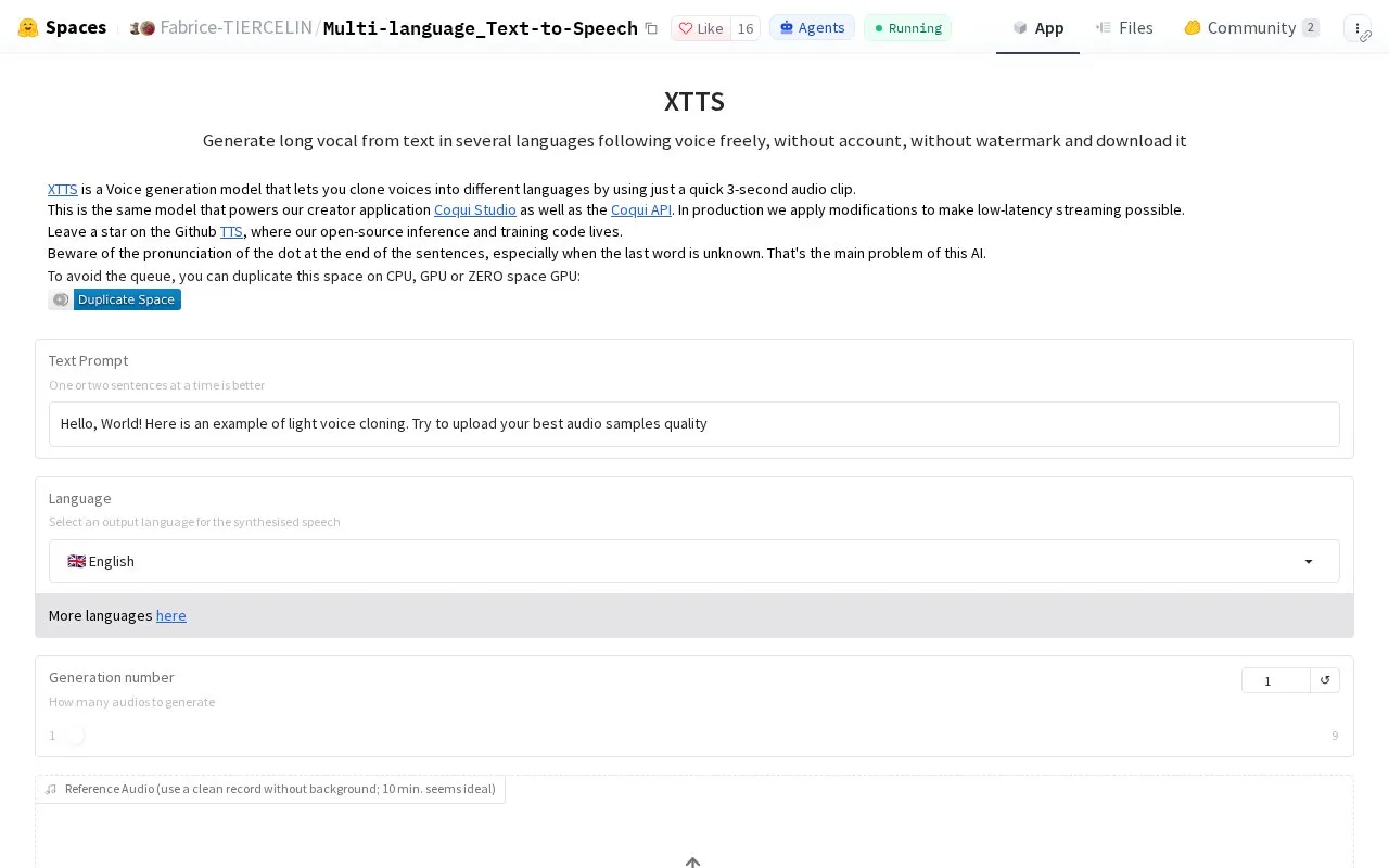 XTTS homepage screenshot