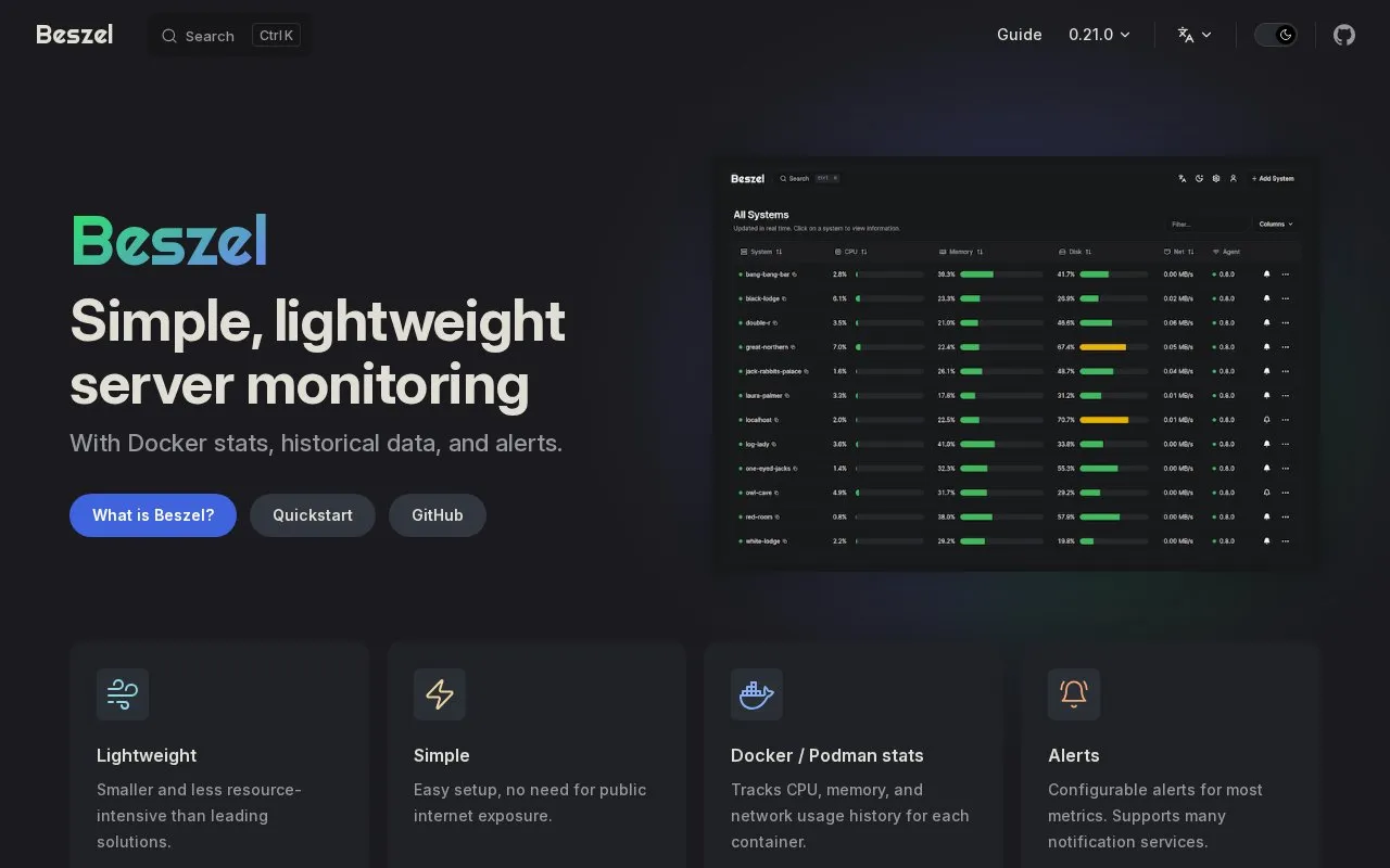 Beszel homepage screenshot