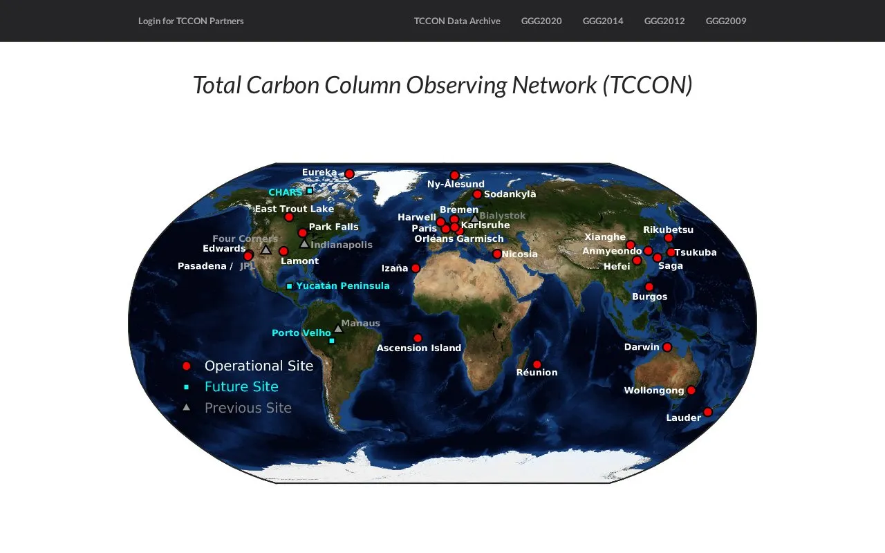 TCCON Data Archive homepage screenshot