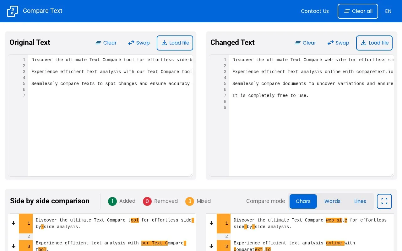 CompareText homepage screenshot