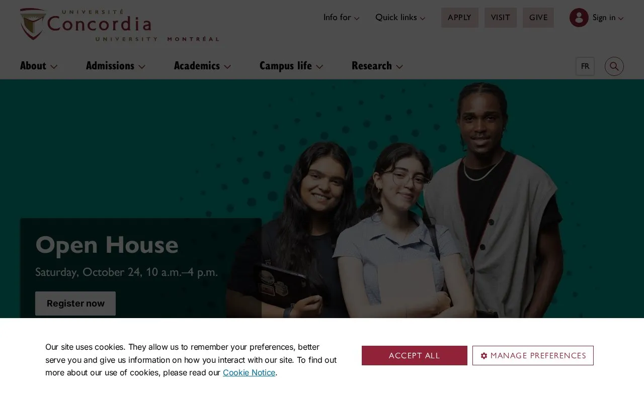 Concordia University homepage screenshot