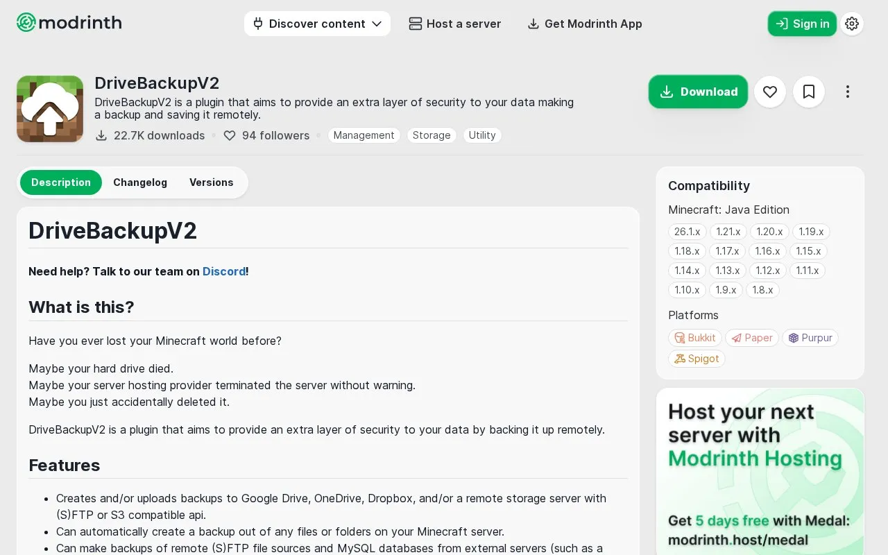 DriveBackupV2 homepage screenshot