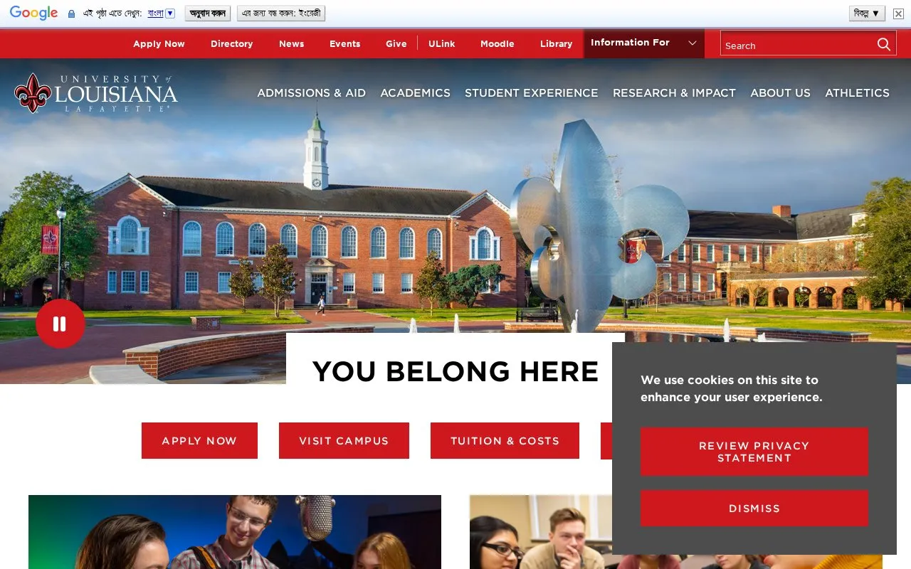 University of Louisiana, Lafayette homepage screenshot
