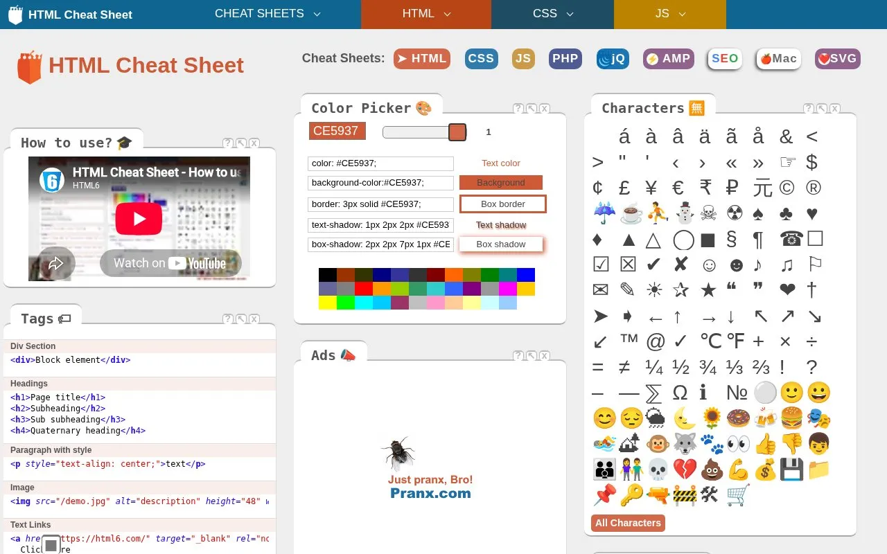 HTML Cheat Sheet homepage screenshot