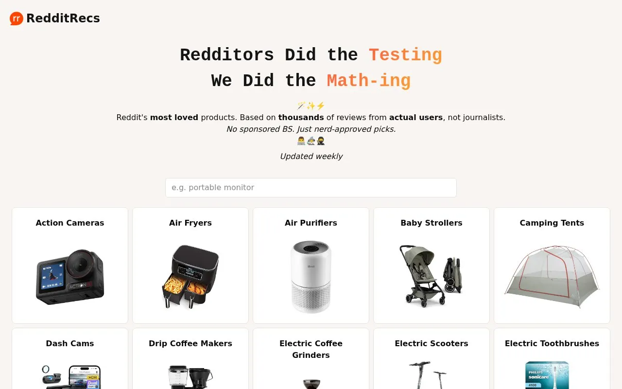 RedditRecs homepage screenshot