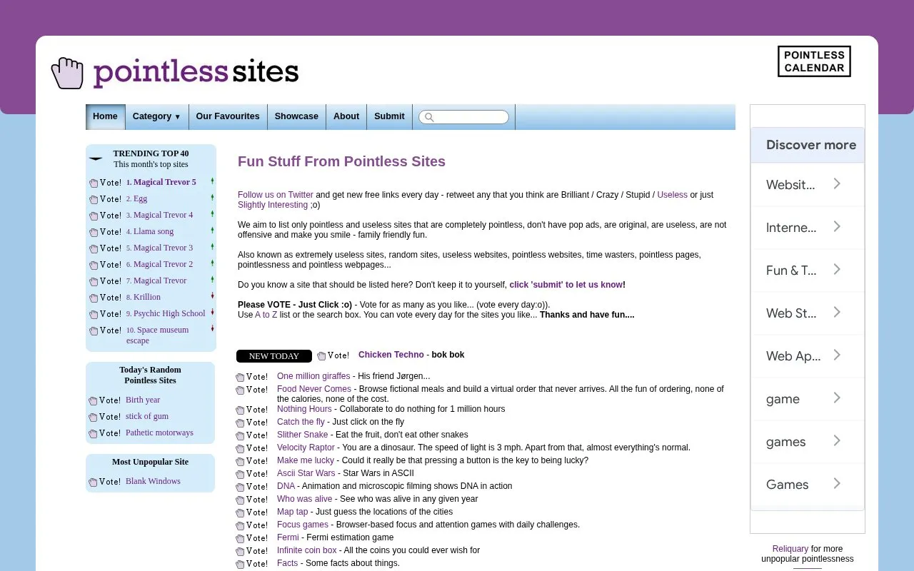 Pointless Sites homepage screenshot