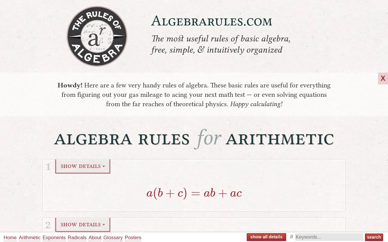 Algebra Rules homepage screenshot