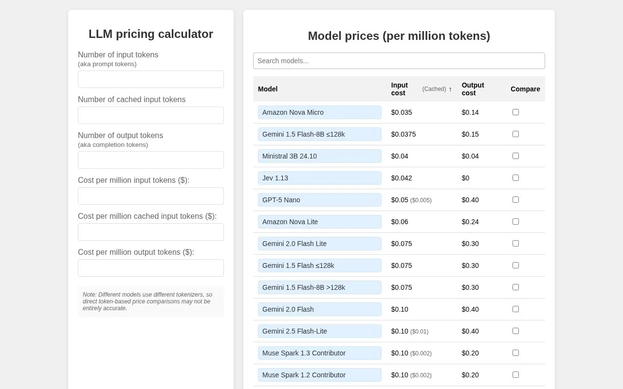 LLM Pricing homepage screenshot