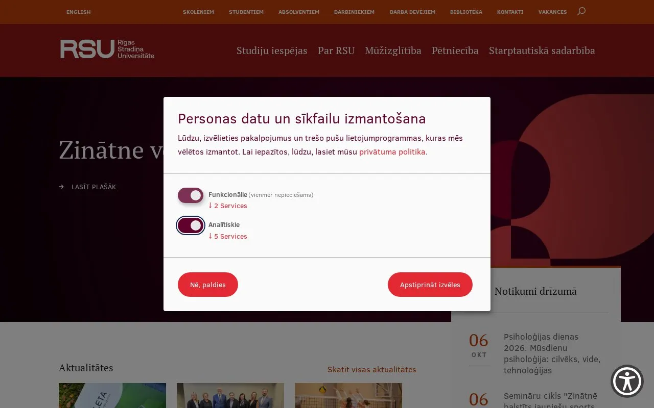 Riga Stradins University homepage screenshot