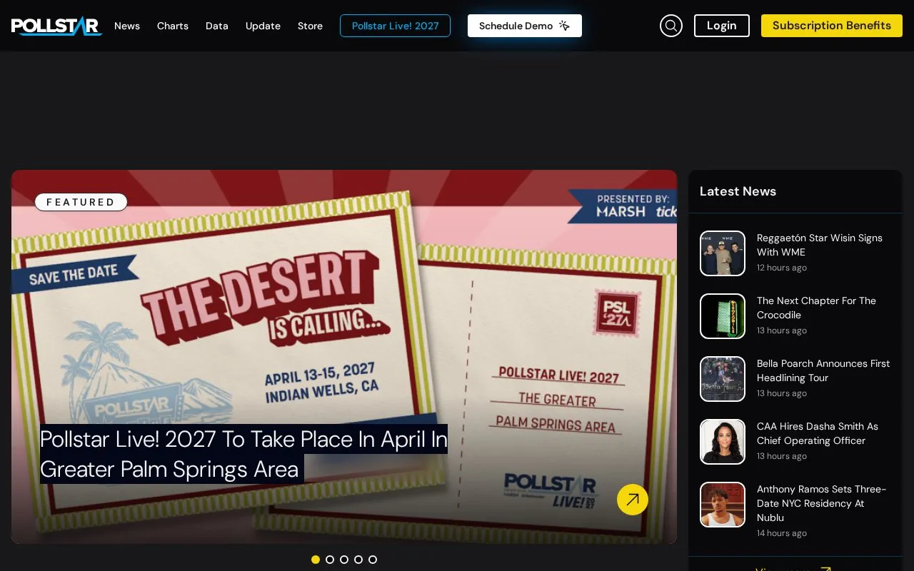Pollstar homepage screenshot