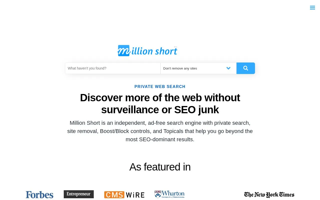 Million Short homepage screenshot