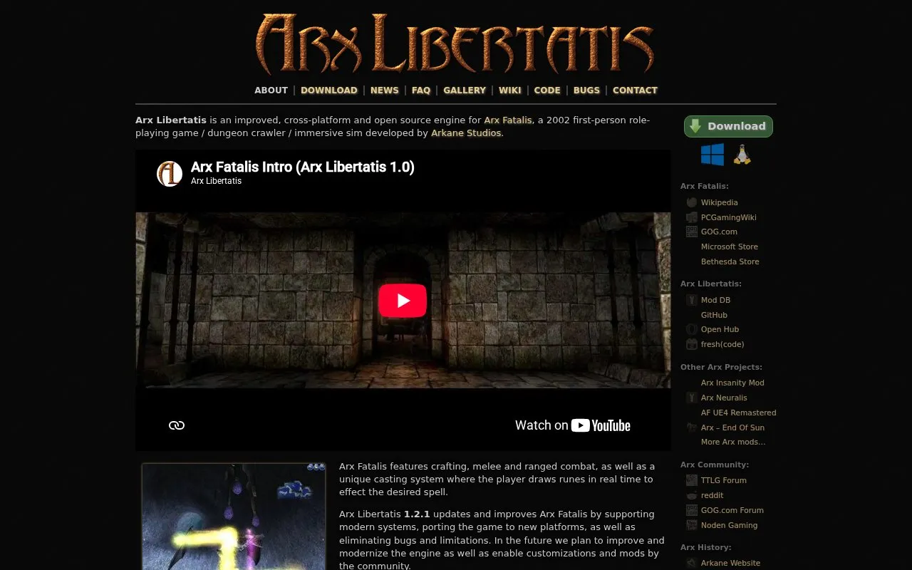Arx Libertatis homepage screenshot