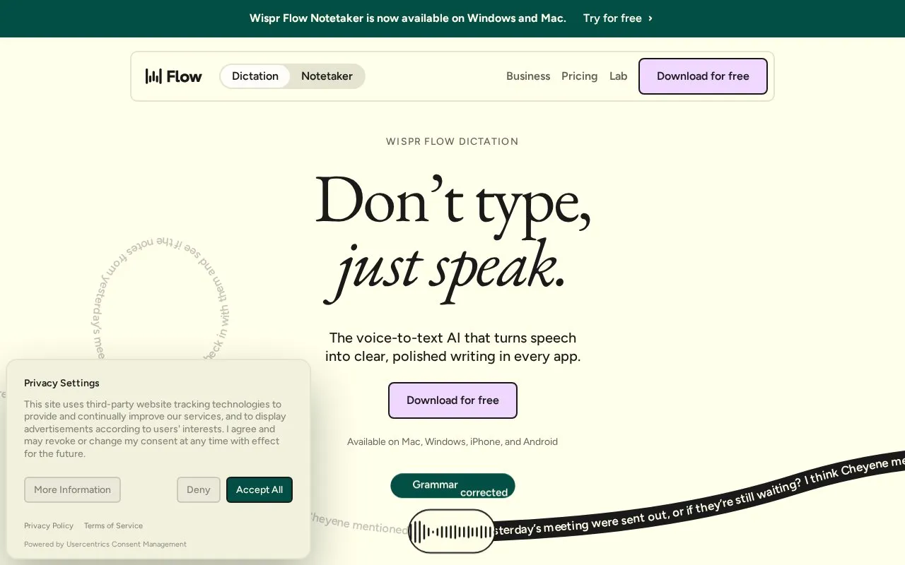 Wispr Flow homepage screenshot