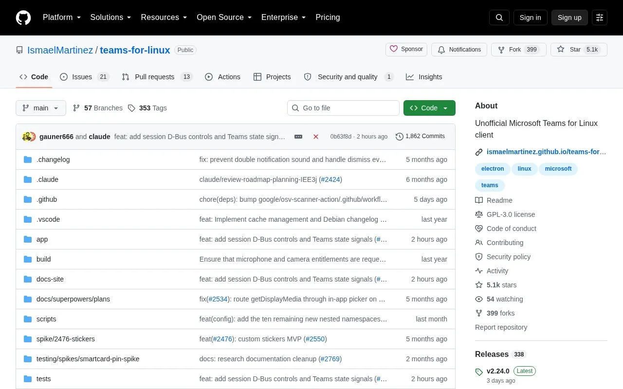 Teams for Linux homepage screenshot