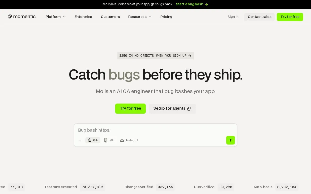 Momentic homepage screenshot