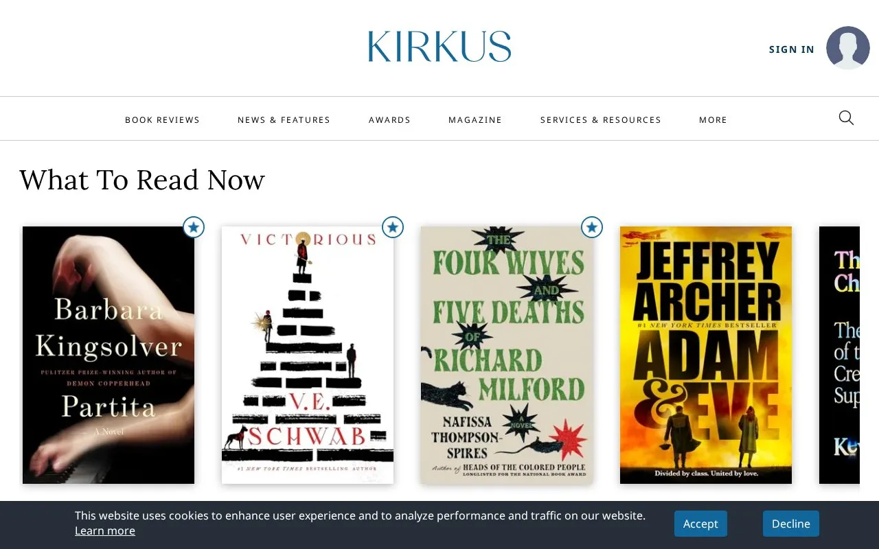 Kirkus Reviews homepage screenshot