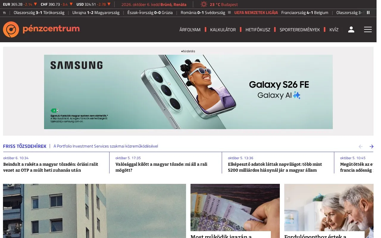 Pénzcentrum.hu homepage screenshot