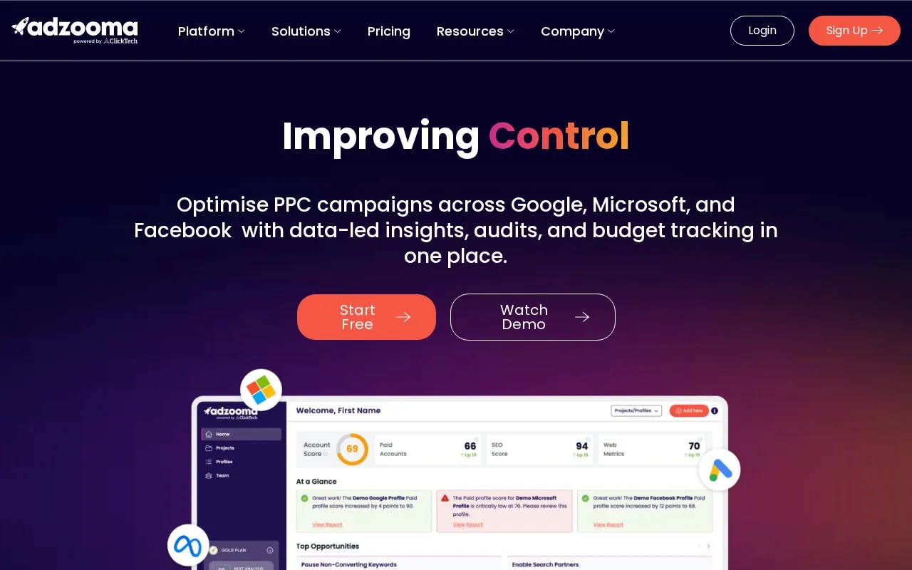 Adzooma homepage screenshot