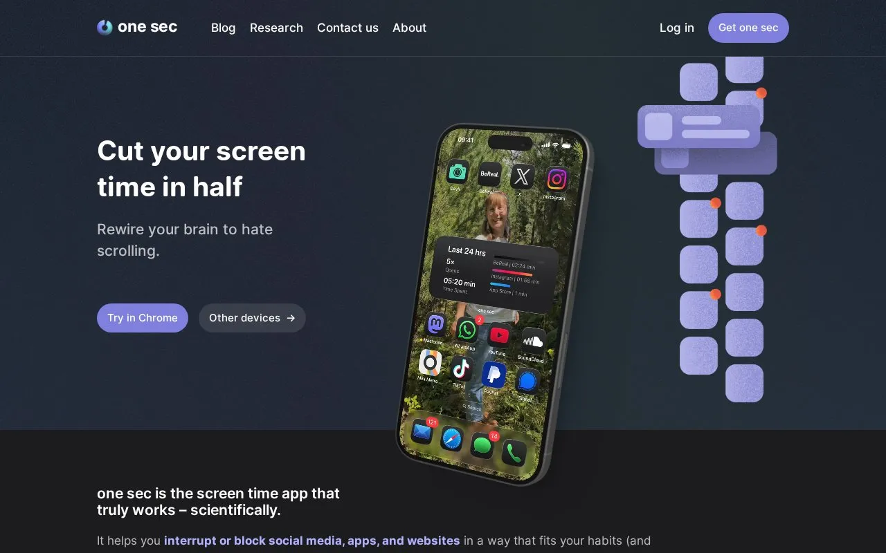 one sec homepage screenshot