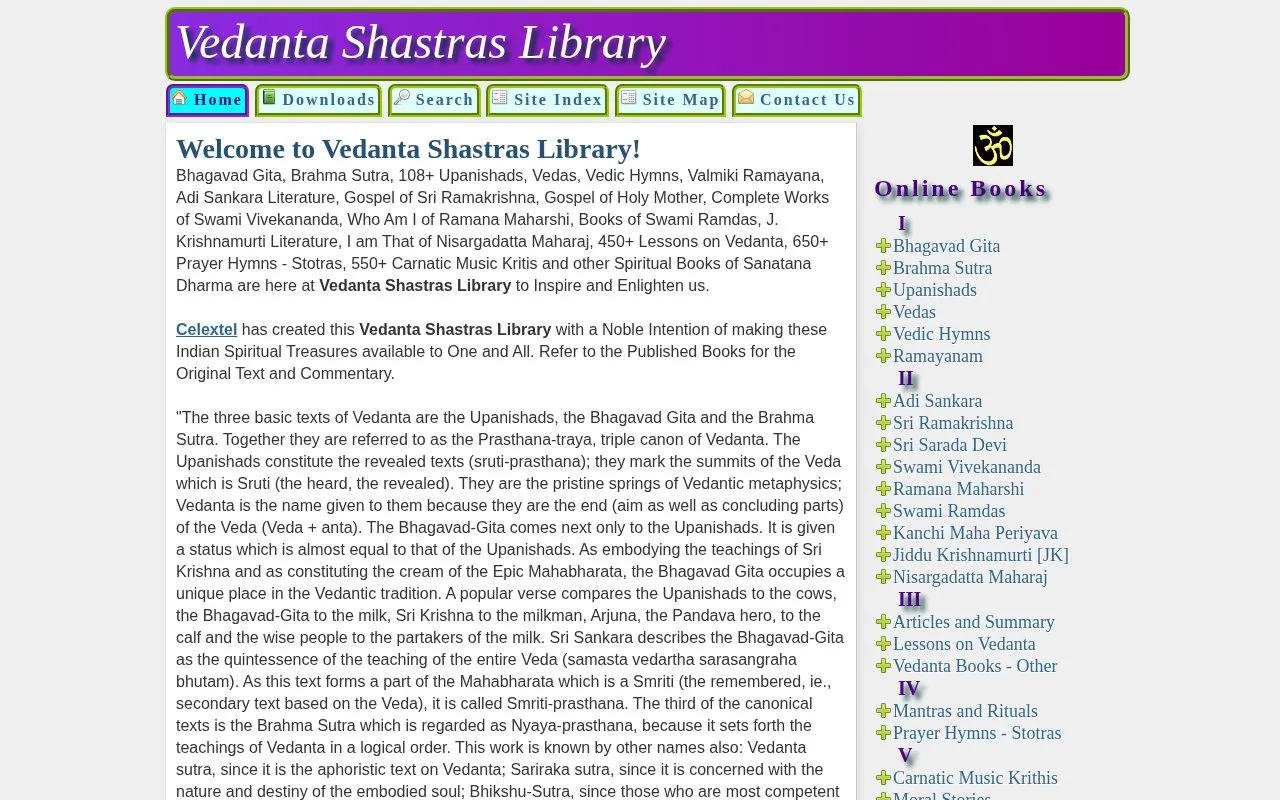 Vedanta Shastras homepage screenshot