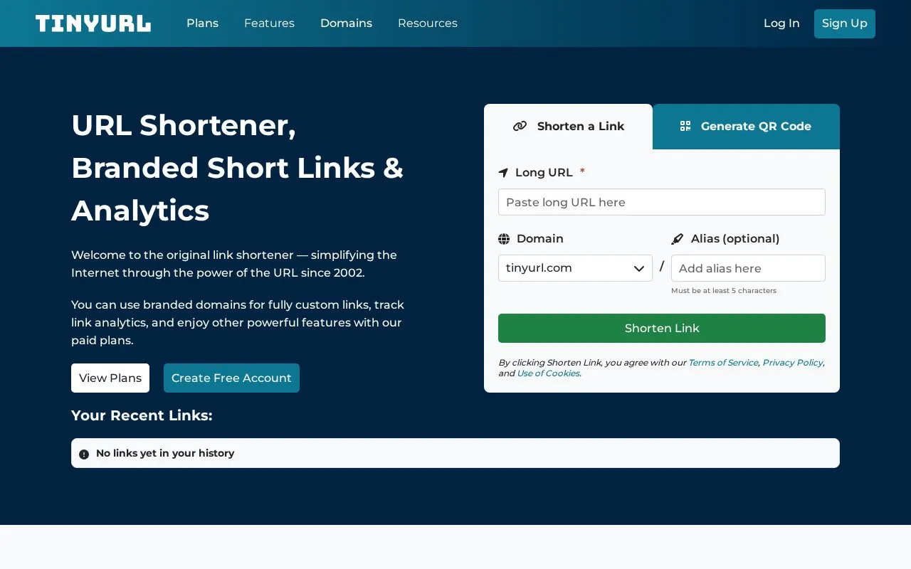 TinyURL homepage screenshot