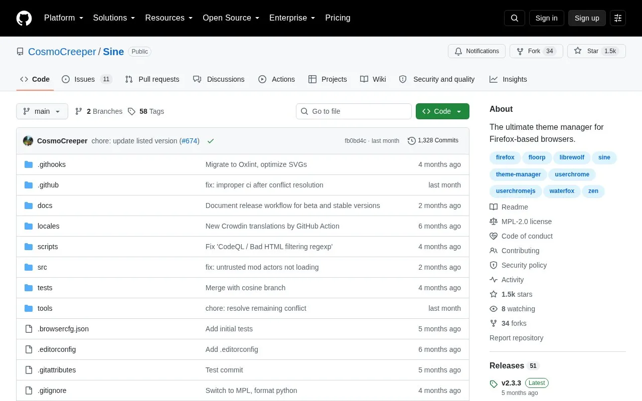 Sine homepage screenshot