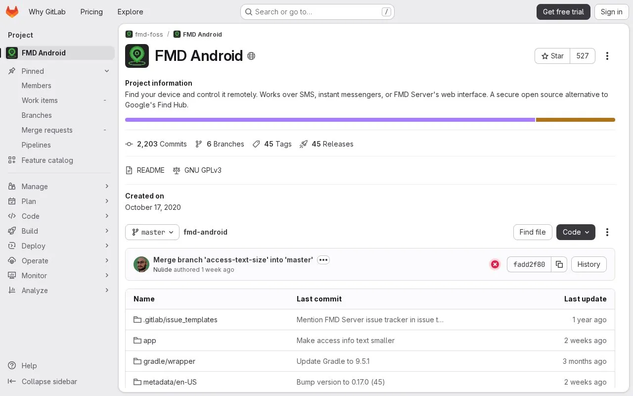 Fmd Android homepage screenshot