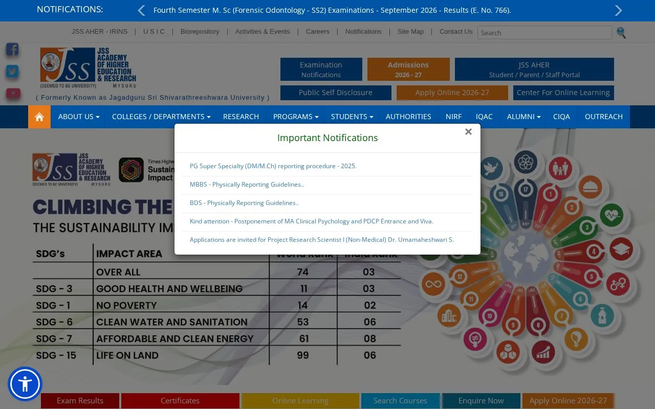 JSS Academy of Higher Education and Research homepage screenshot