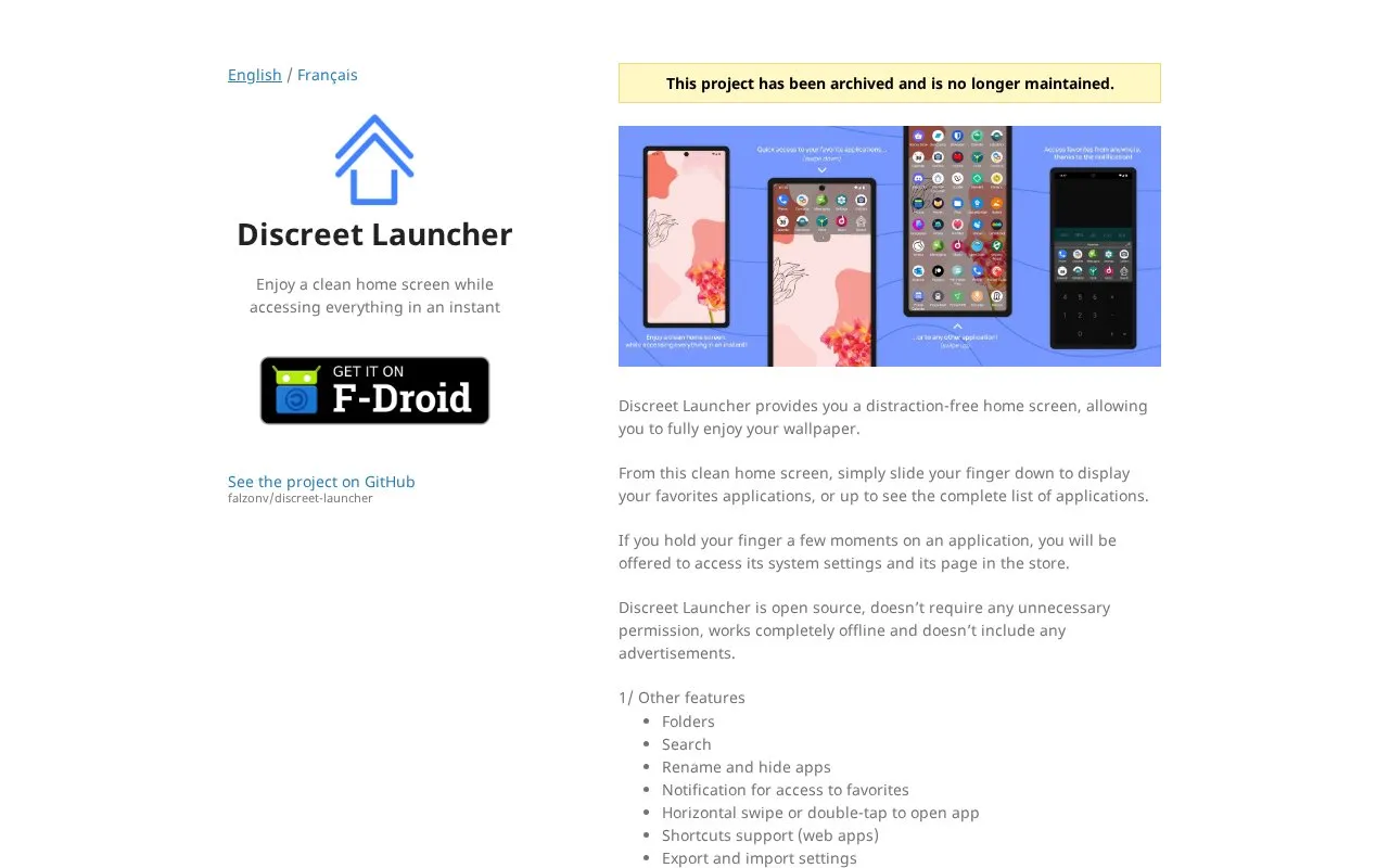 Discreet Launcher homepage screenshot