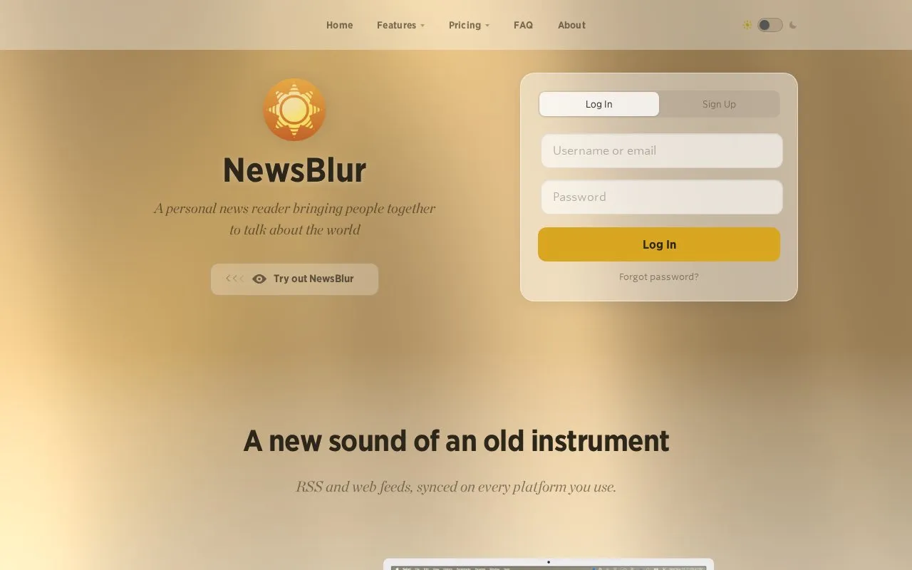 NewsBlur homepage screenshot