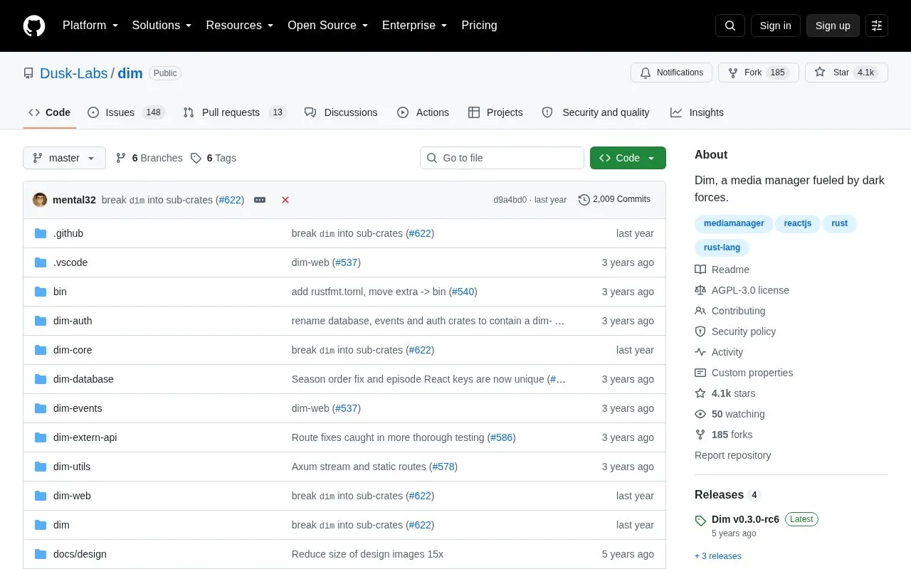 Dim homepage screenshot