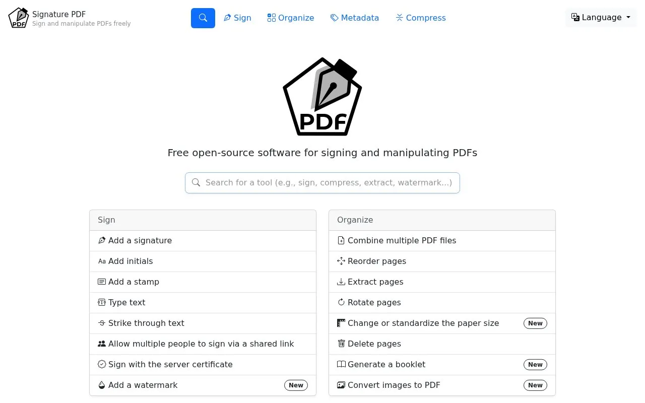 Signature PDF homepage screenshot