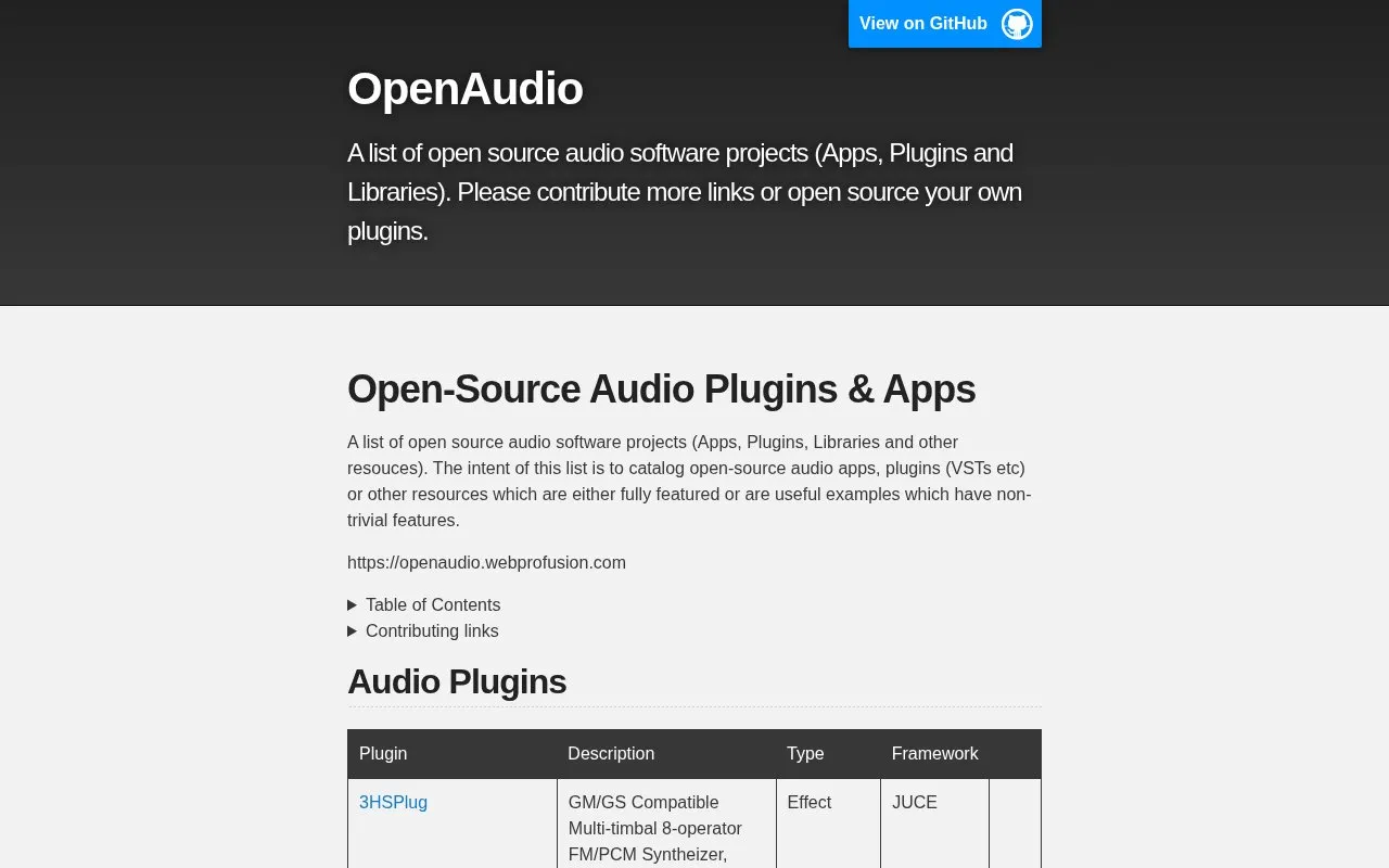 Open-Source Audio Plugins homepage screenshot