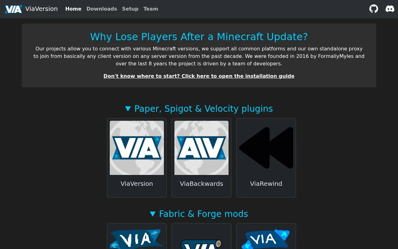 ViaVersion homepage screenshot