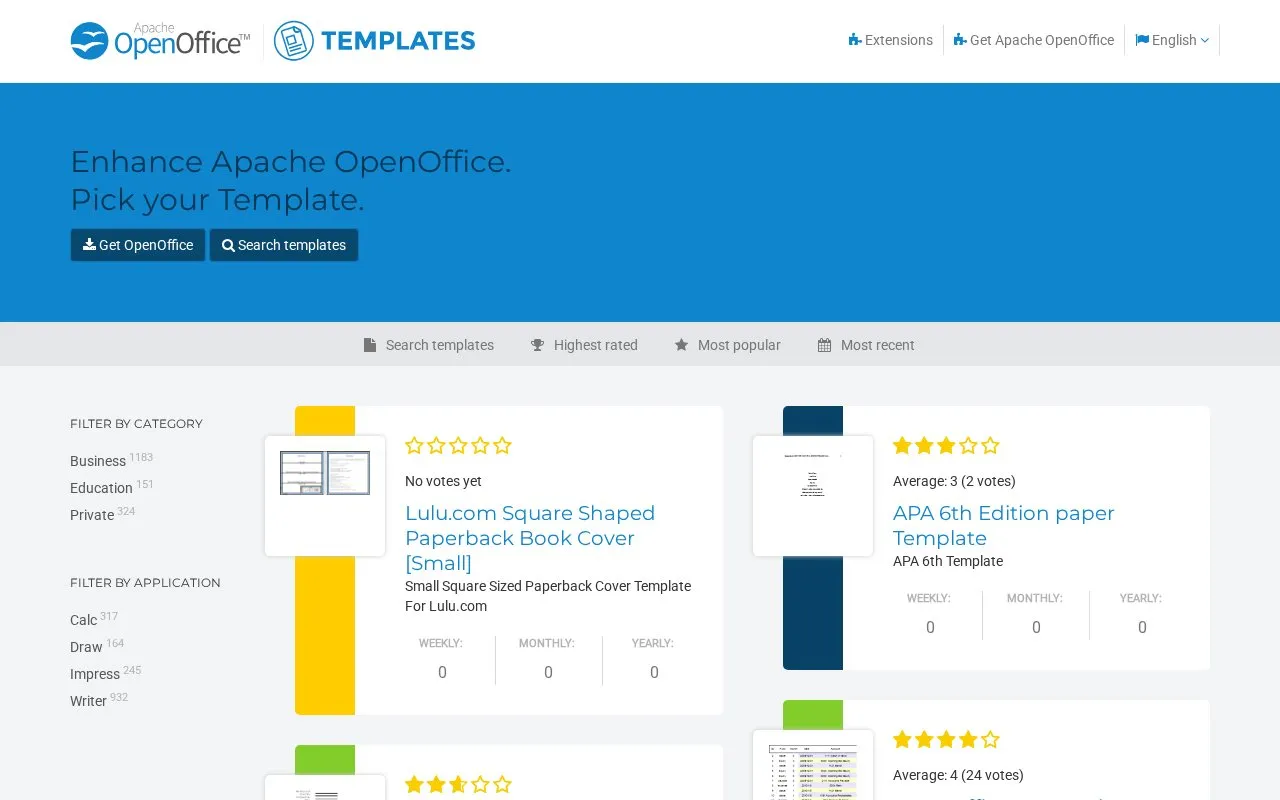 Templates homepage screenshot