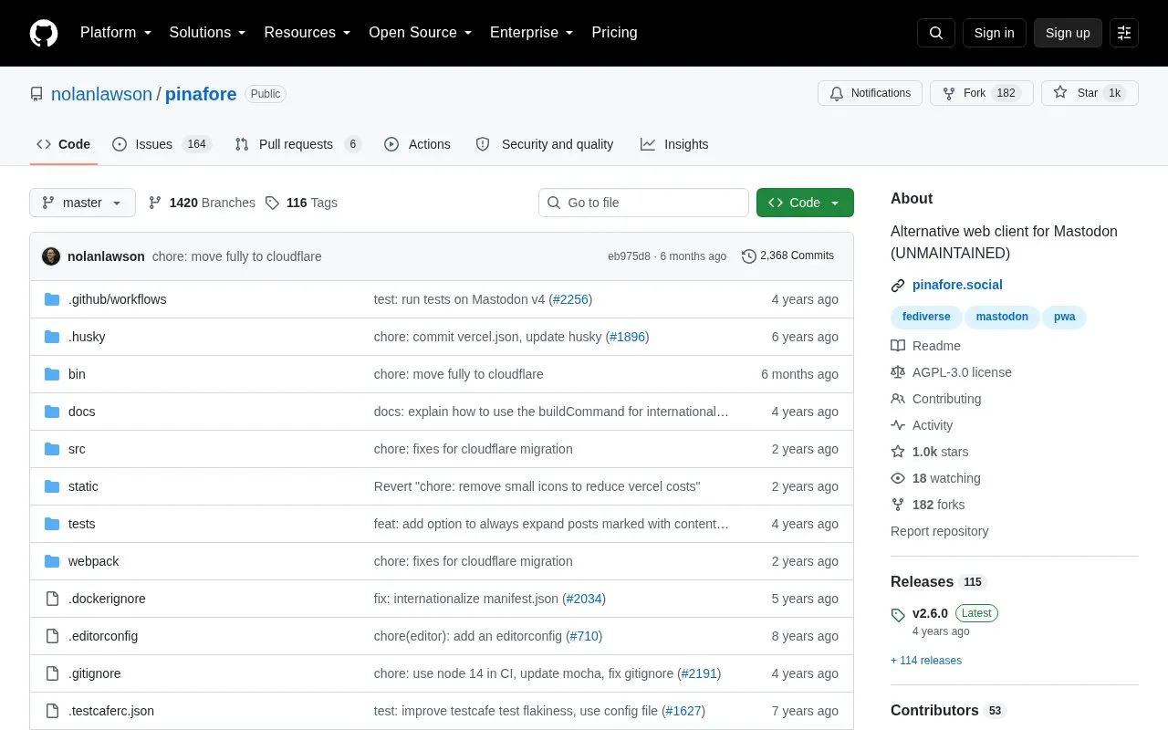 Pinafore homepage screenshot