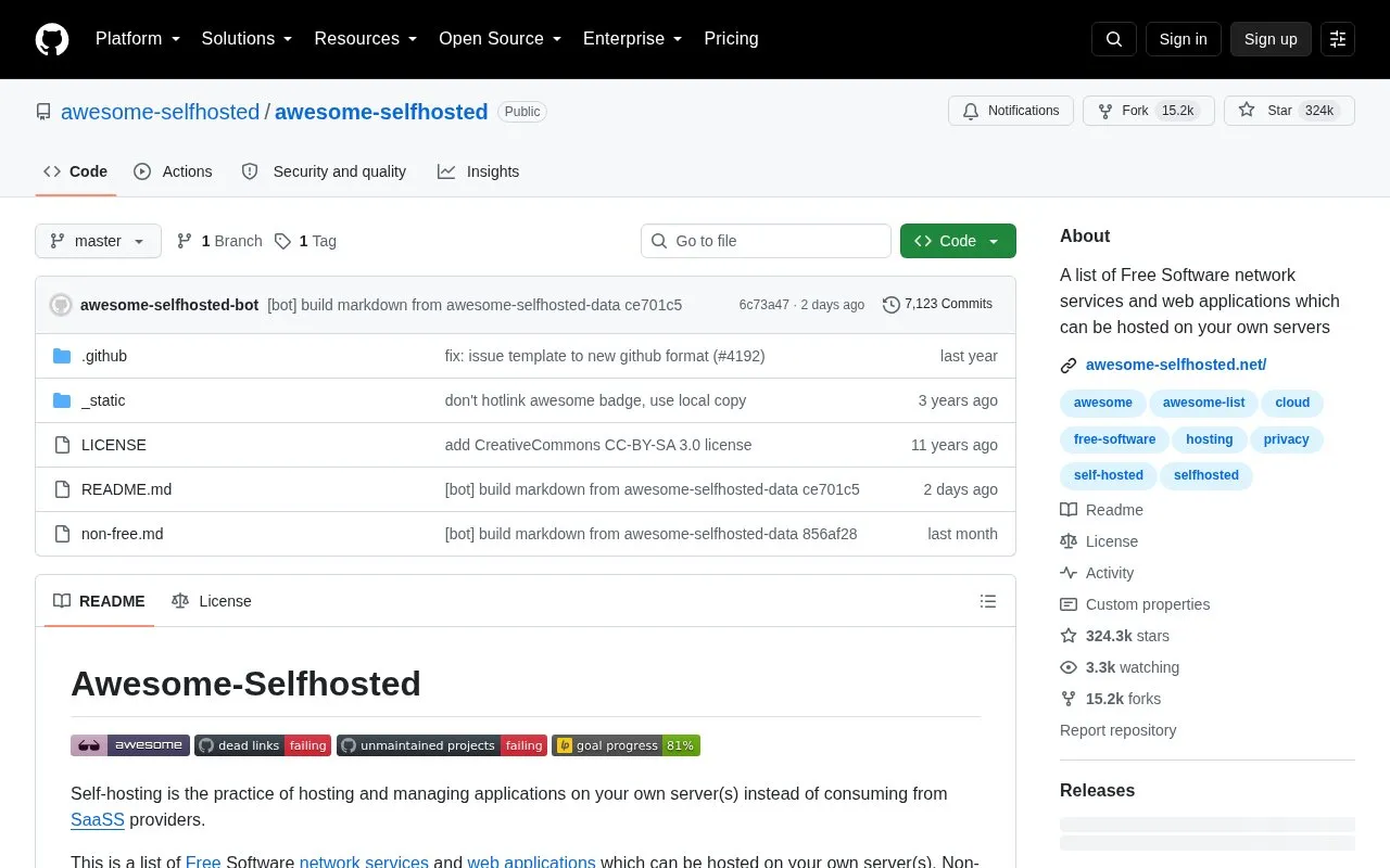 Awesome Selfhosted homepage screenshot
