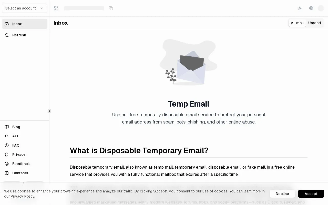 TempEmail homepage screenshot