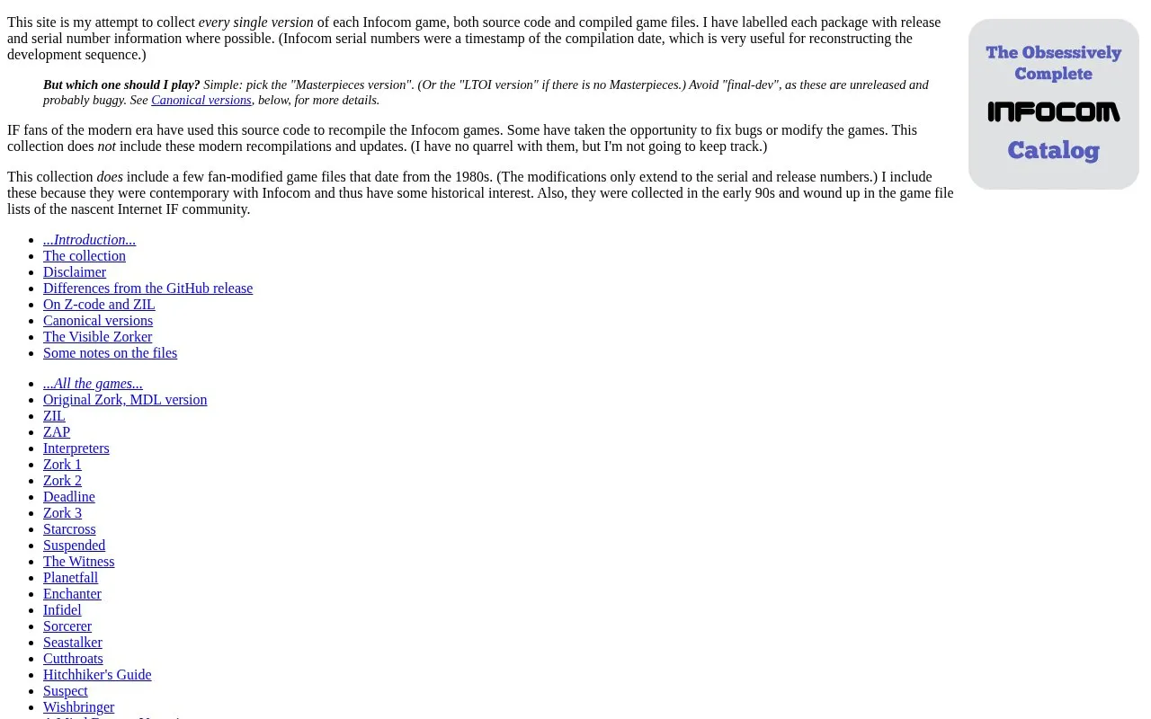Obsessively Complete Infocom Catalog homepage screenshot