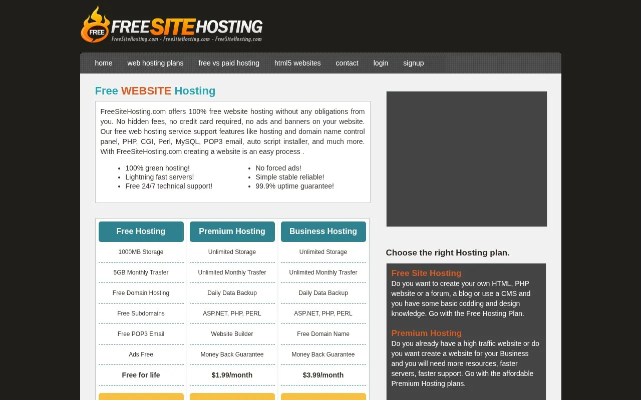 FreeSiteHosting.com homepage screenshot