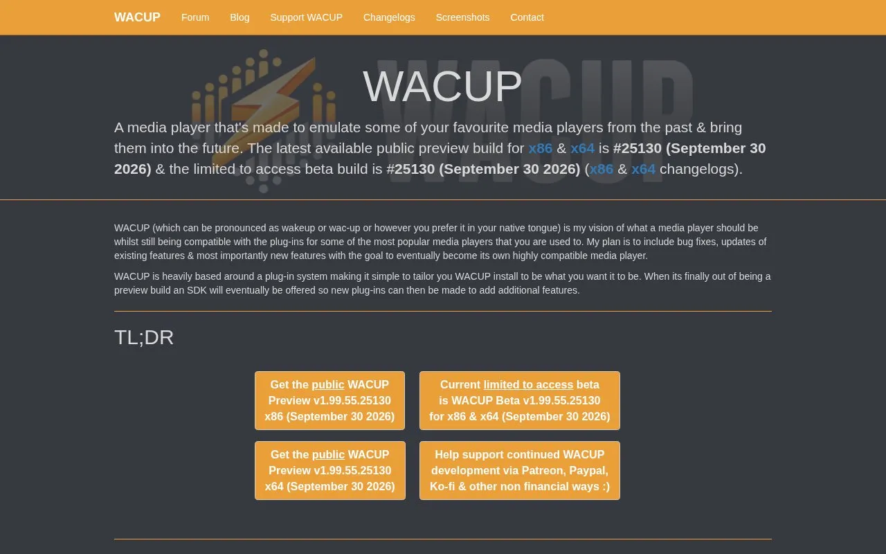 WACUP homepage screenshot