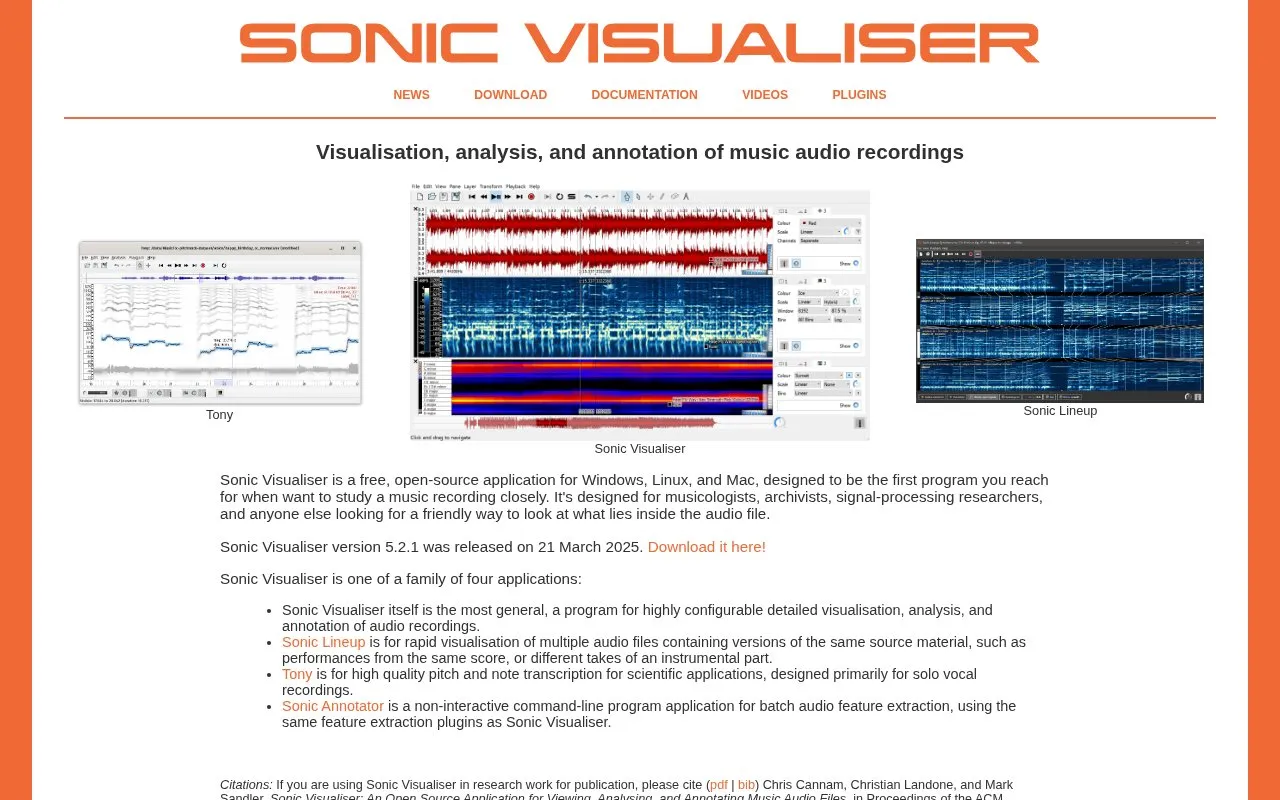 Sonic Visualizer homepage screenshot
