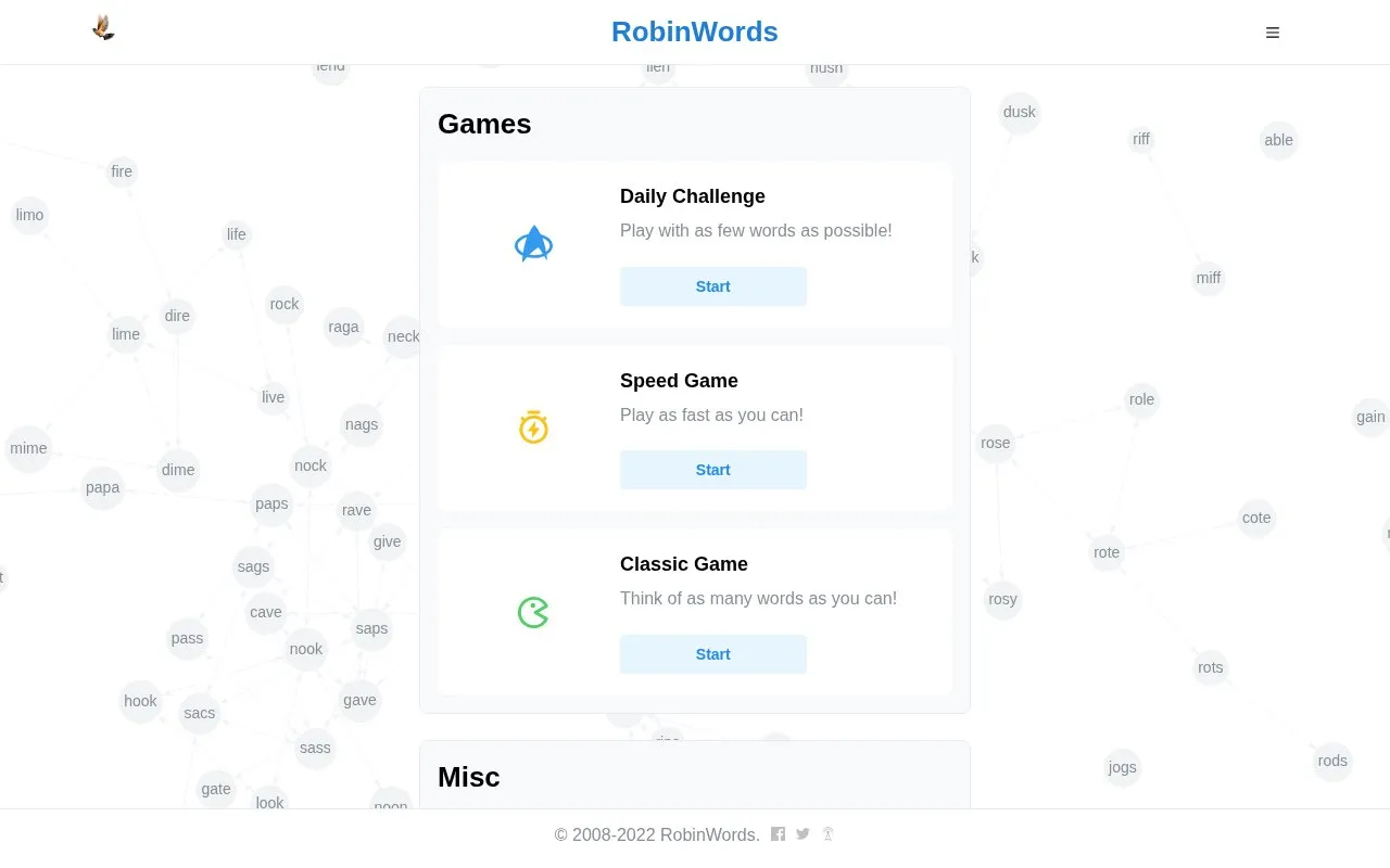 RobinWords homepage screenshot