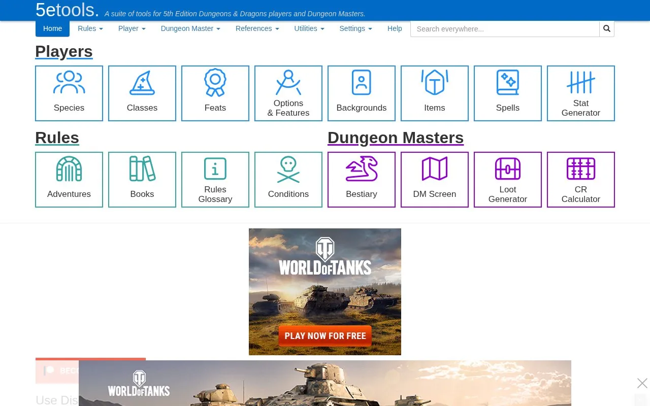 5etools homepage screenshot